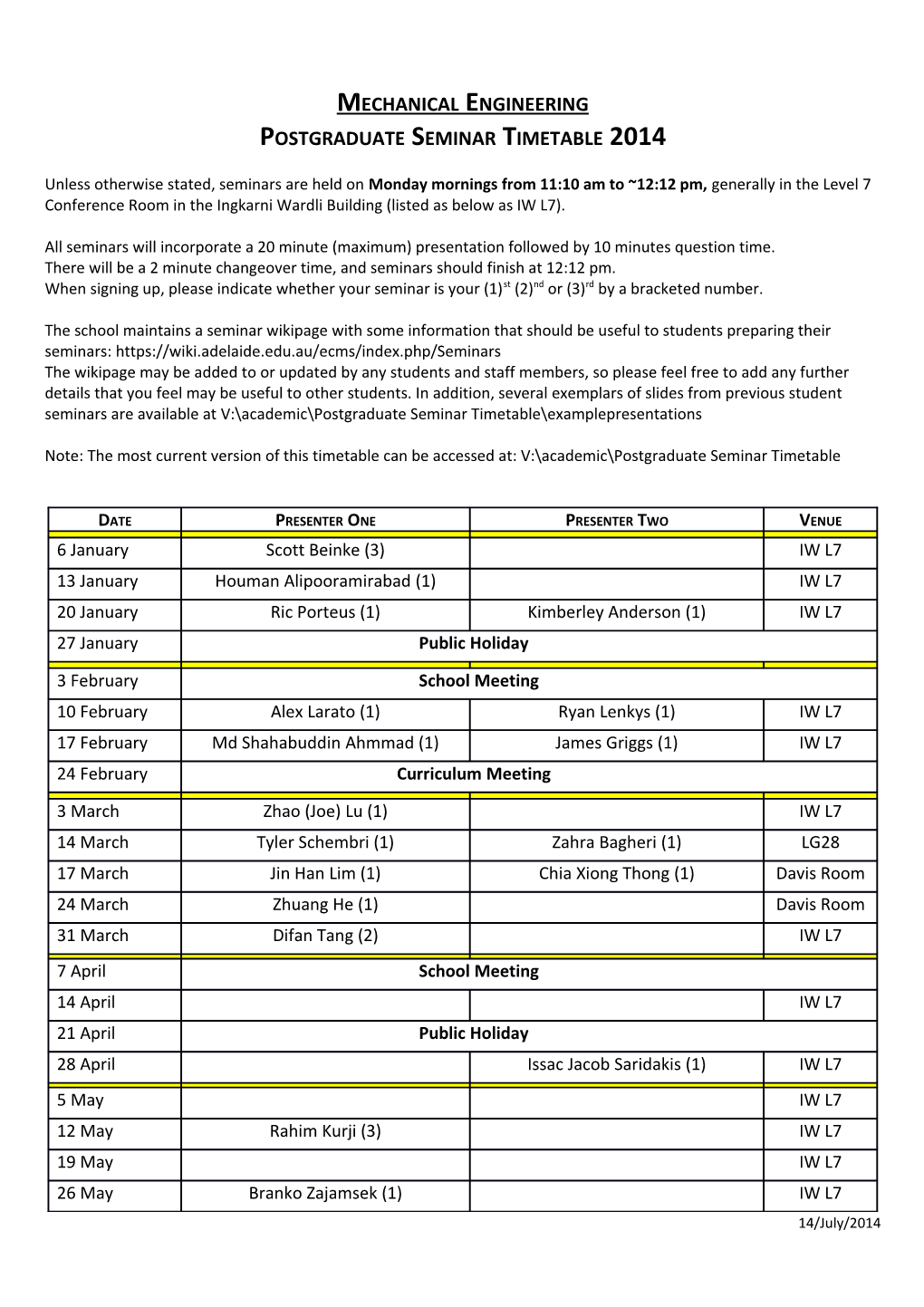 Postgraduate Seminar Timetable 2008