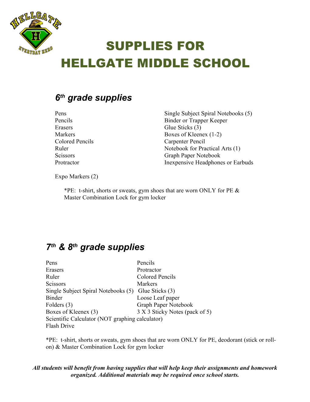 6Th Grade Supplies for 2001-2002 School Year