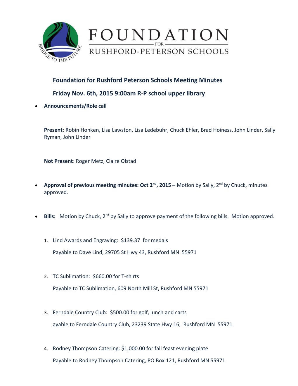 Rushford Peterson School Foundation Meeting Agenda