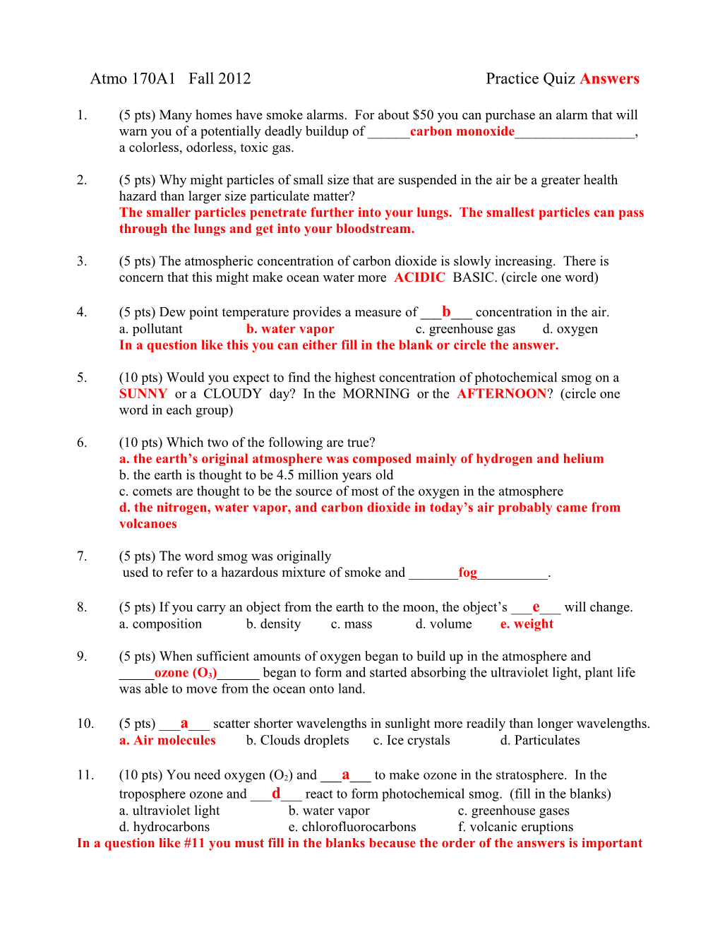 Atmo 170A1 Fall 2012 Practice Quiz Answers