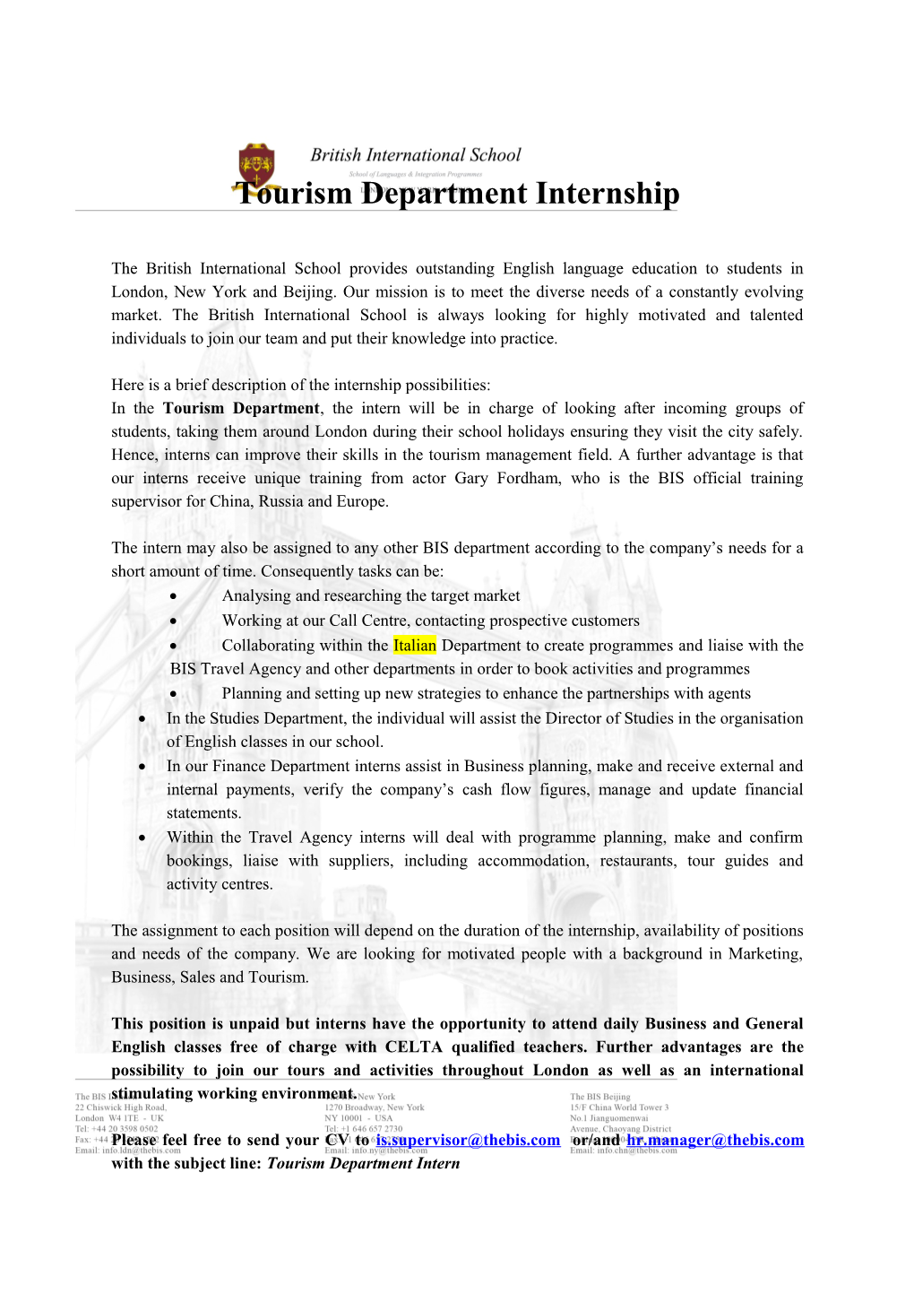 Tourism Department Internship