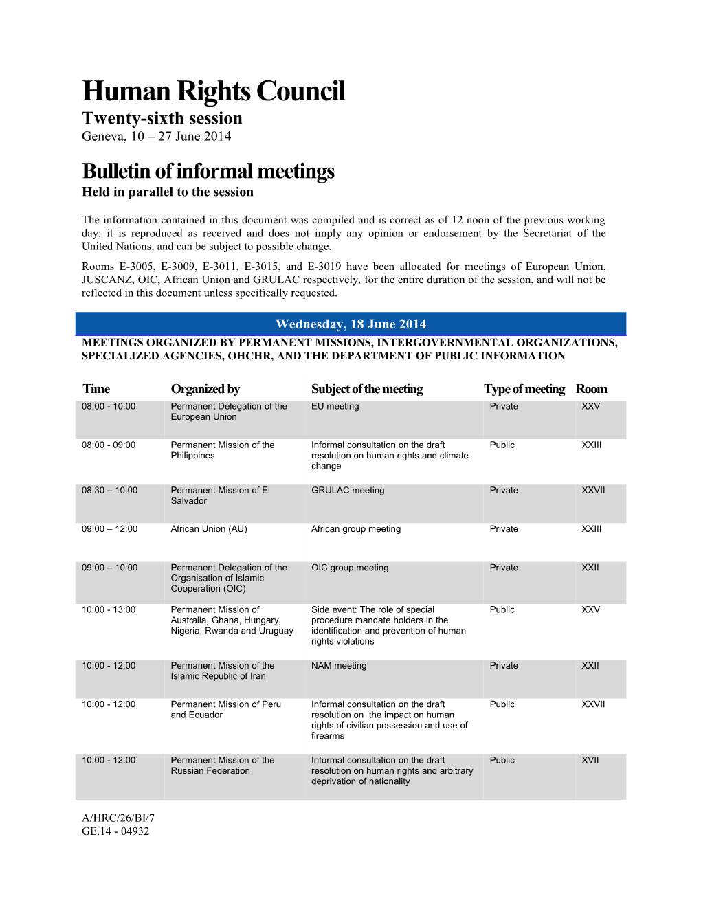 Bulletin of Informal Meetings, 18 June 2014