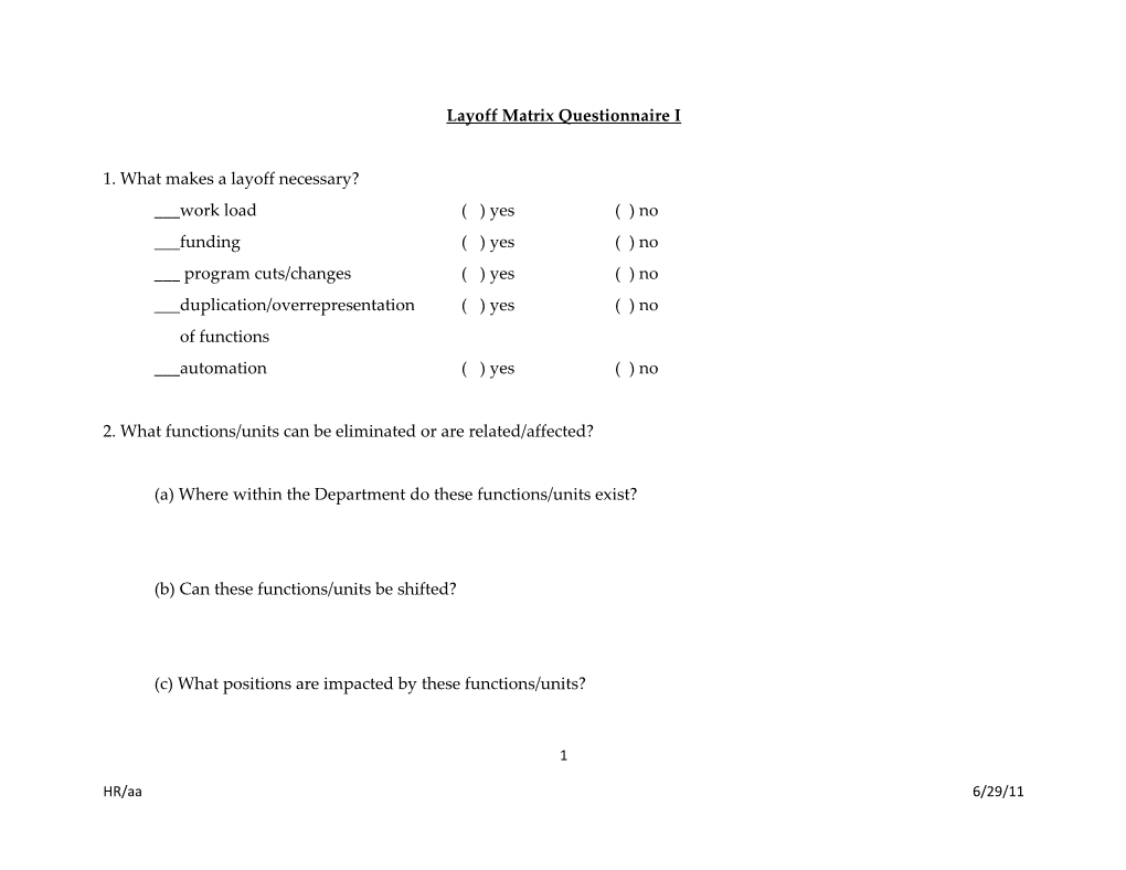 Layoff Matrix Questionnaire I