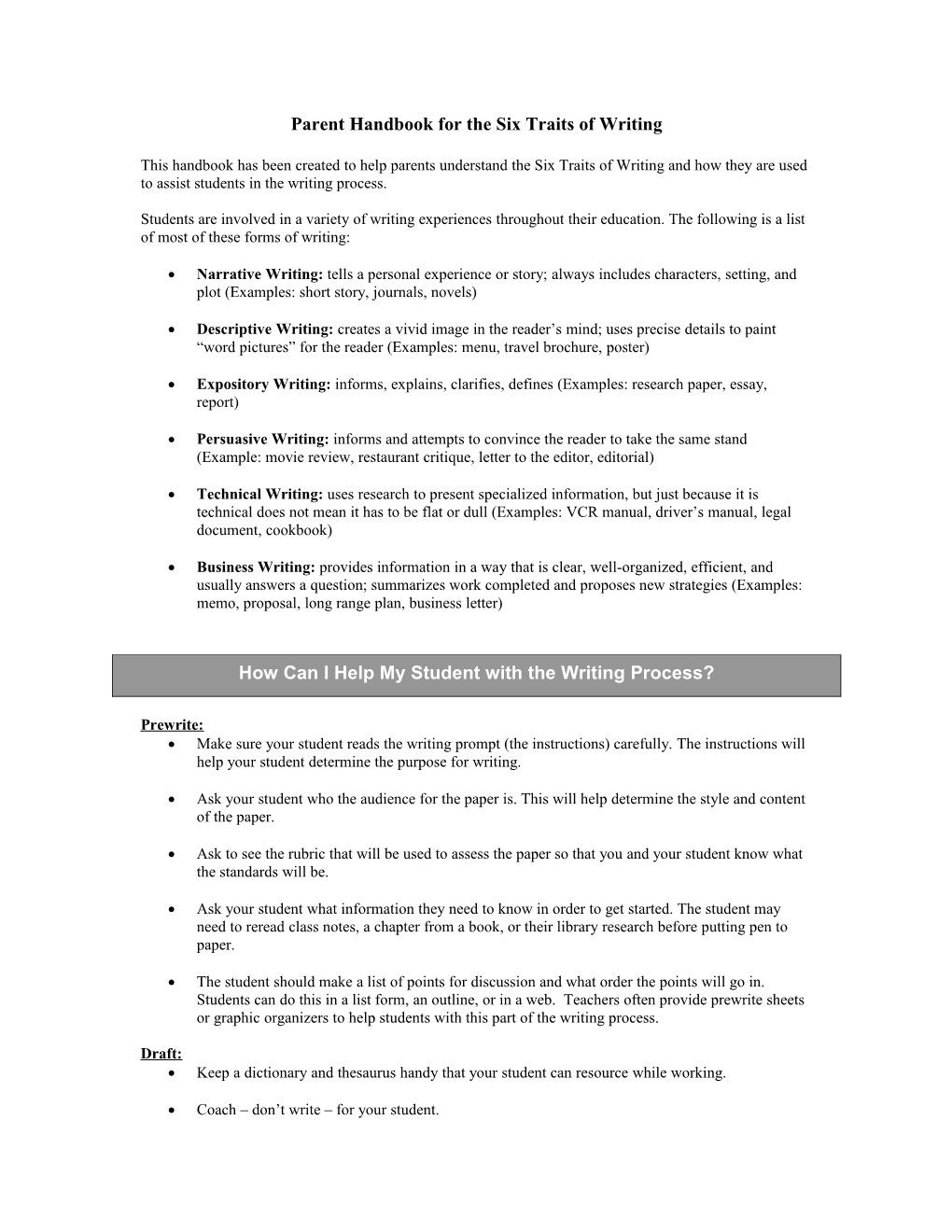 Parent Handbook for the Six Traits of Writing