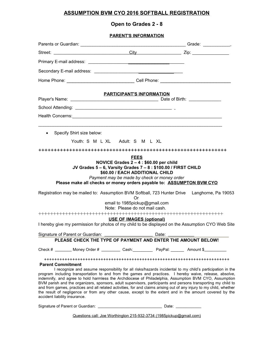 Assumption Bvm Cyo 2008 Track and Field Registration