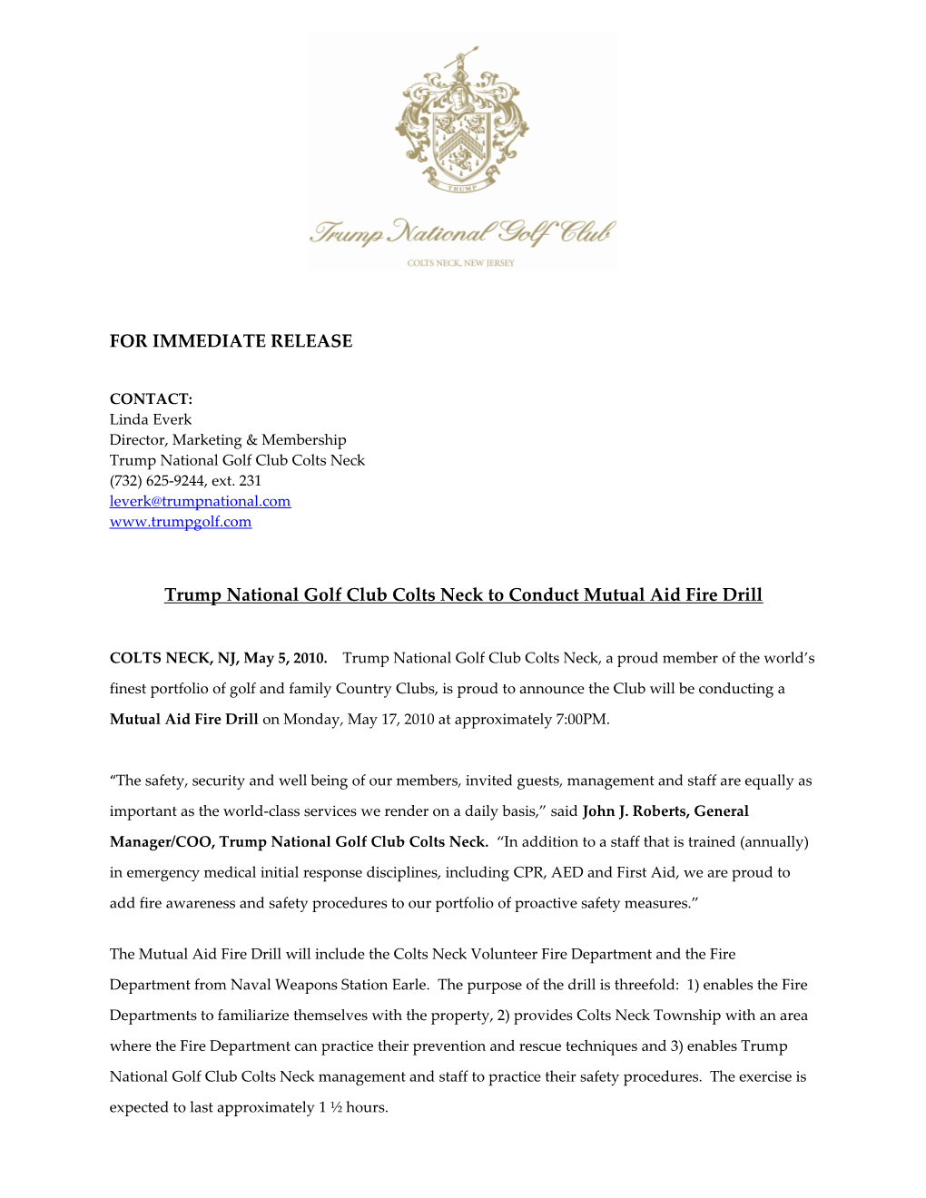 Trump National Golf Club Colts Neck to Conduct Mutual Aid Fire Drill