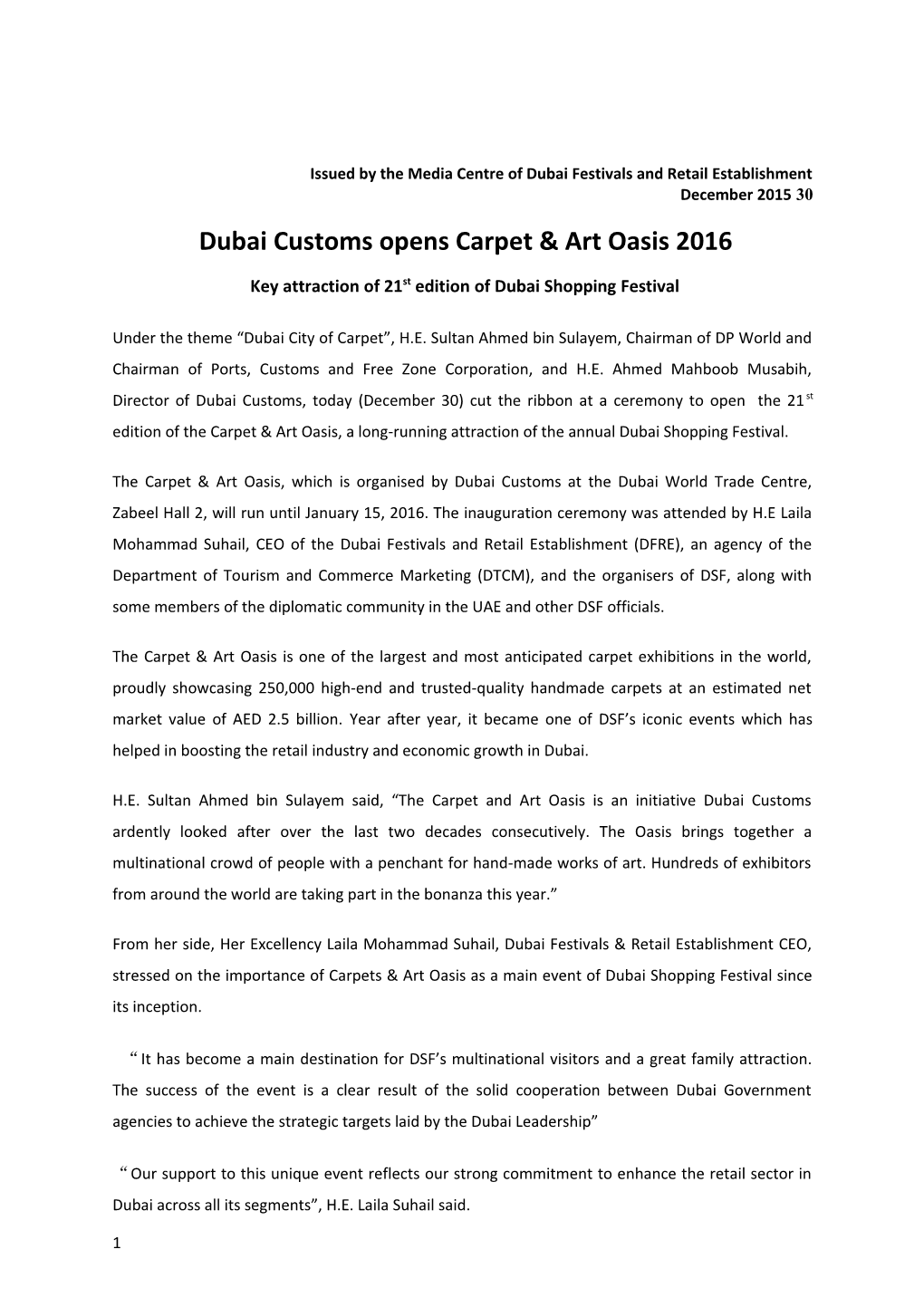 Issued by the Media Centre of Dubai Festivals and Retail Establishment