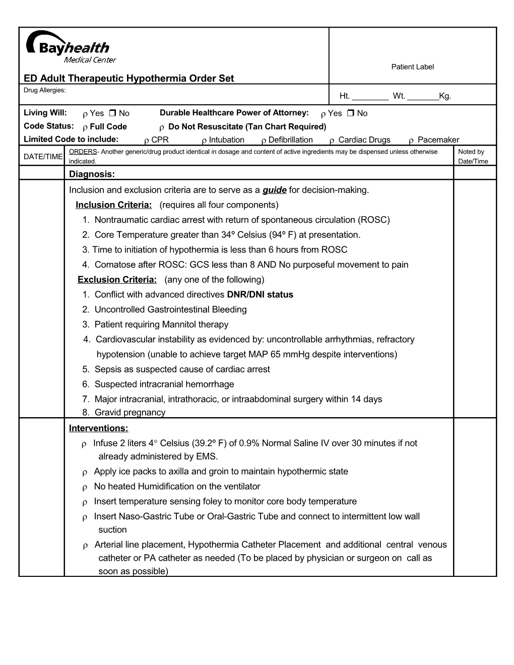 ED Adult Therapeutic Hypothermia Order Set