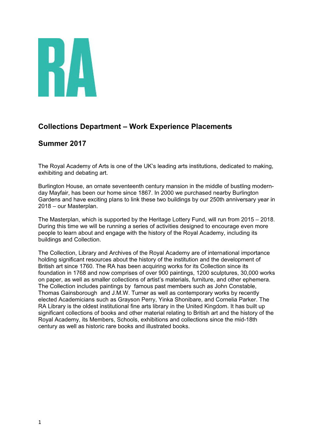 Collections Department Workexperience Placements