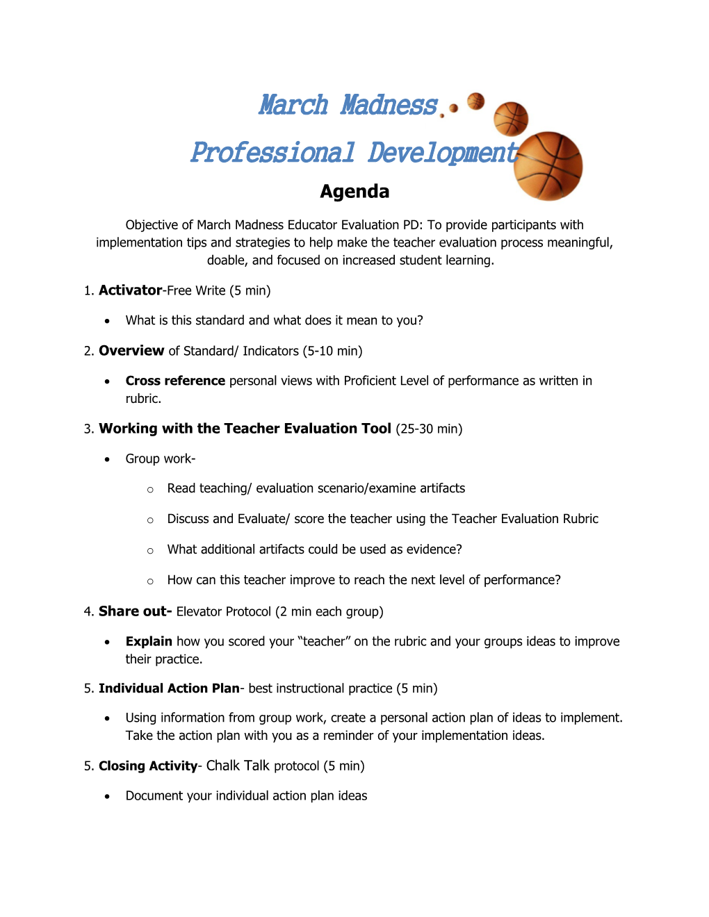 Professional Learning Network Monson March Madness PD Facilitation Tools