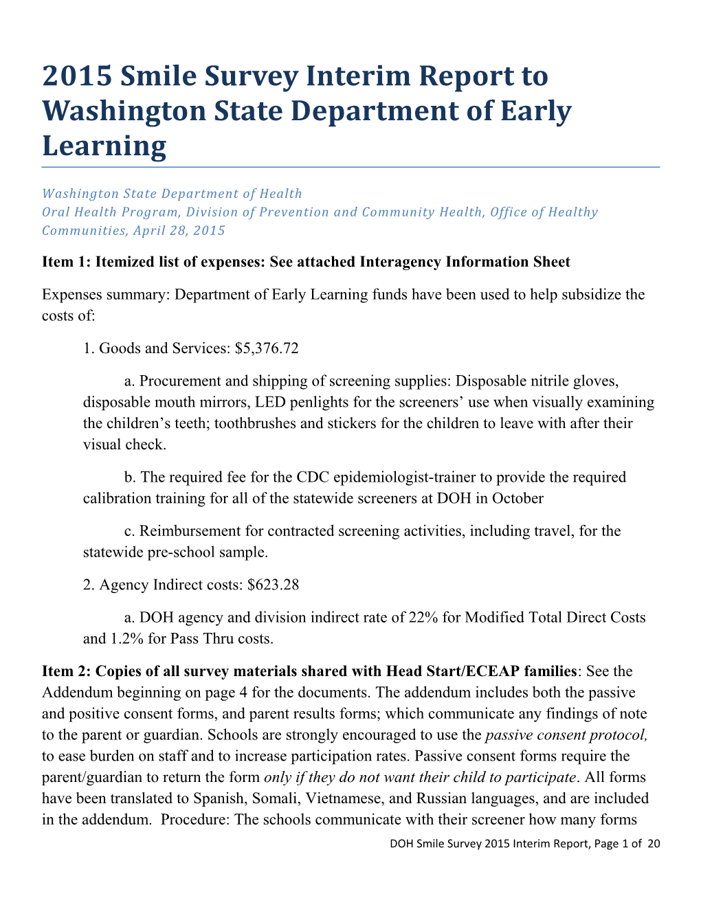 2015 Smile Survey Interim Report to Washington State Department of Early Learning
