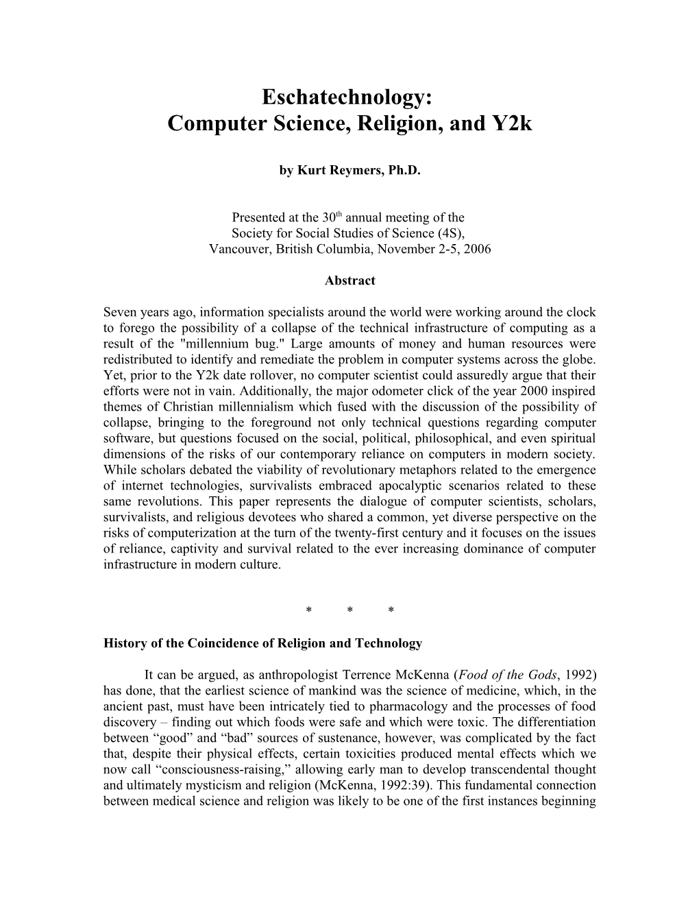 Eschatechnology: Computer Science, Survivalism, and Y2K