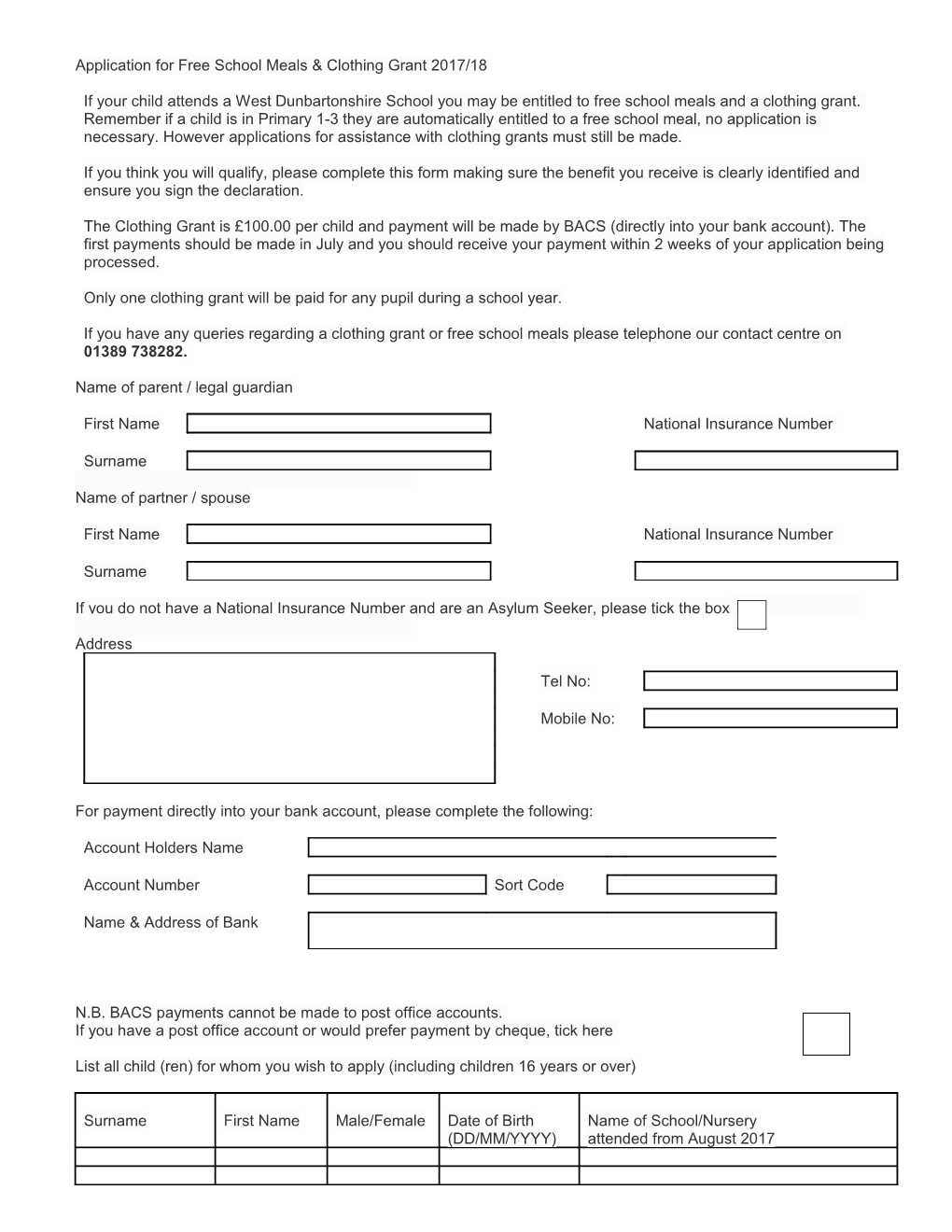 Application for Free School Meals & Clothing Grant 2011/12