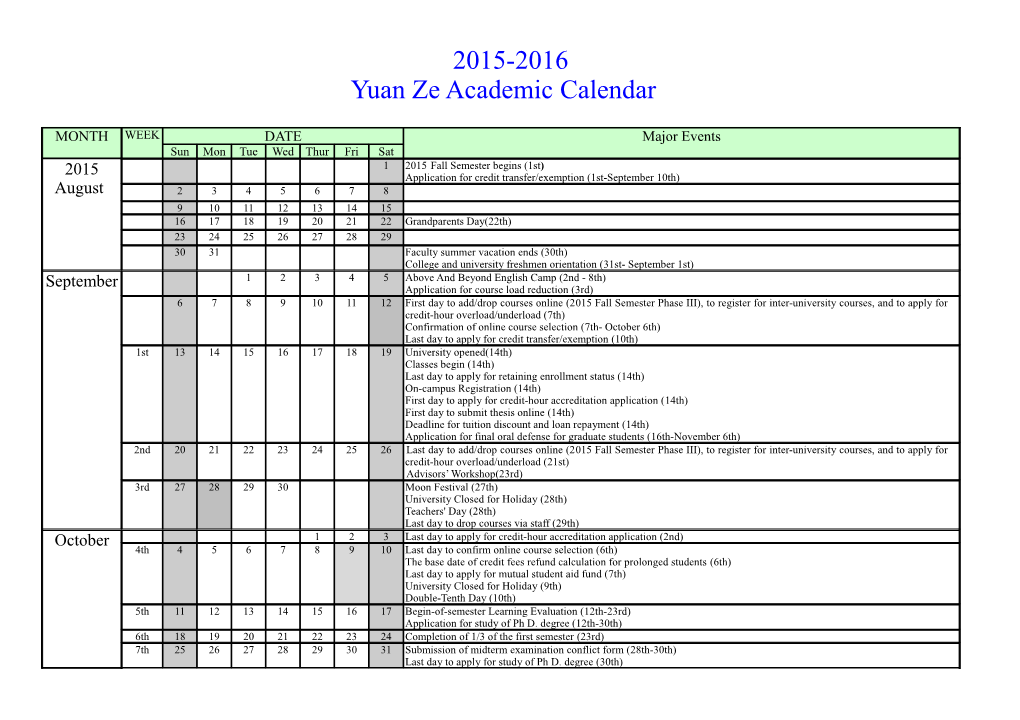 Yuan Ze Academic Calendar