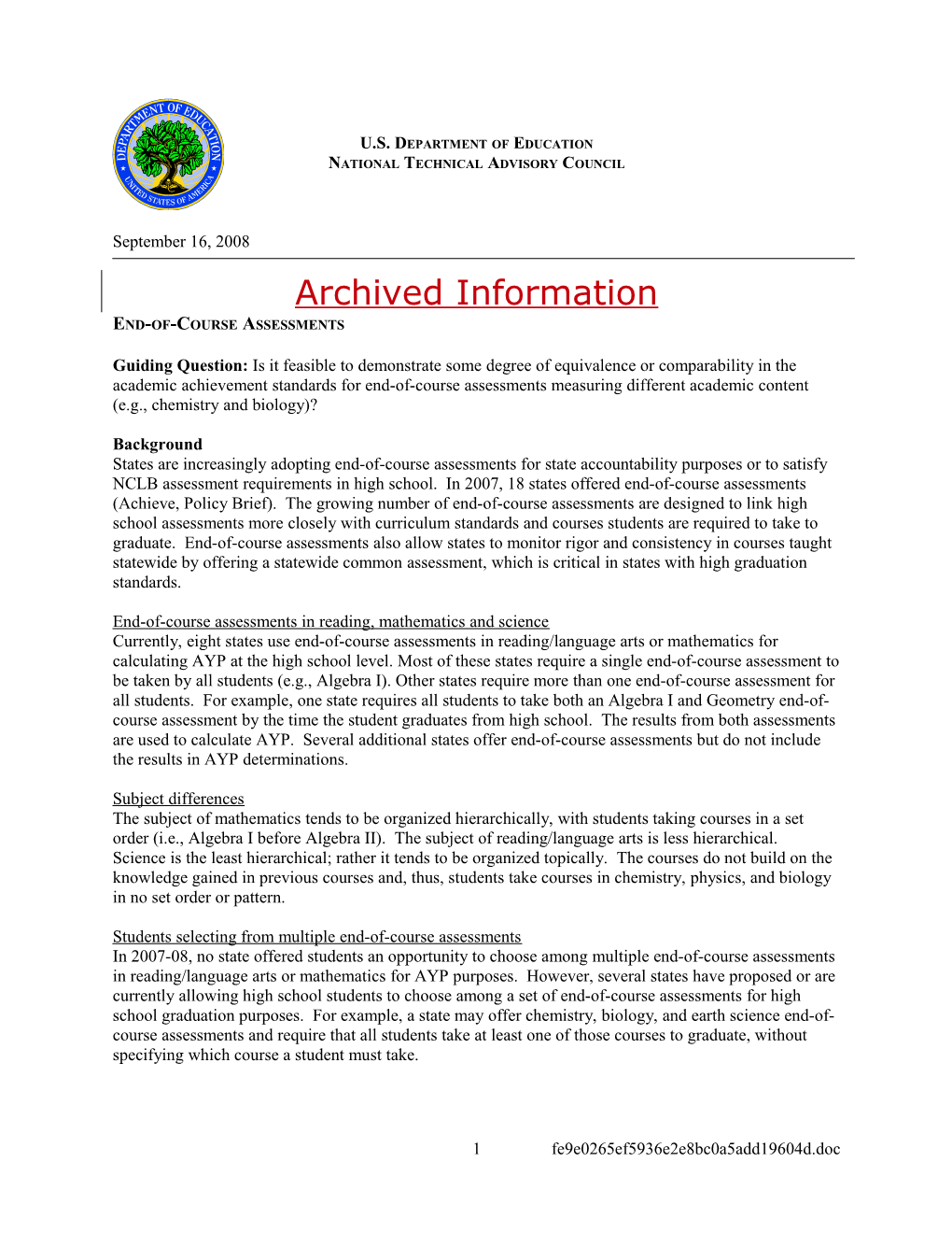Archived: End-Of-Course Assessments, September 16, 2008 (MS WORD)
