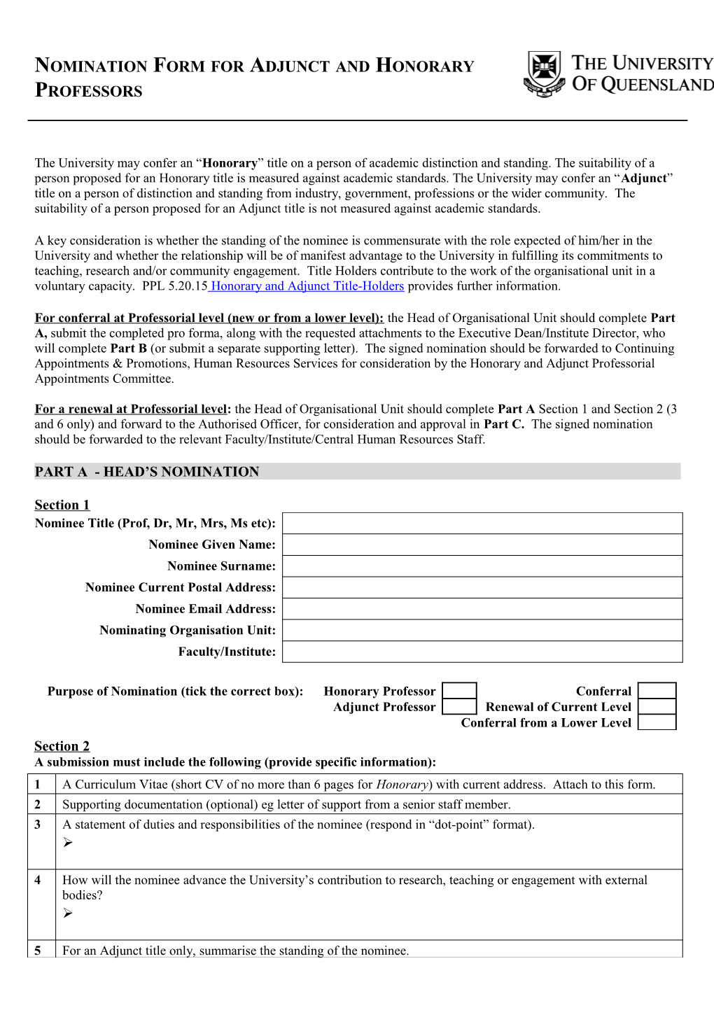 Nomination Form for Adjunct and Honorary Professors