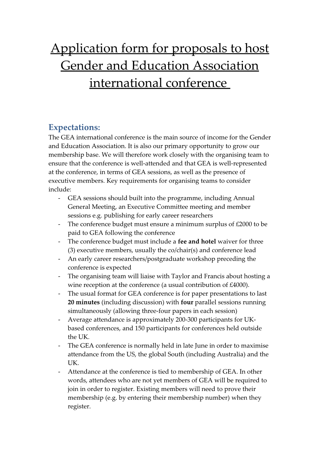 Application Form for Proposals to Host Gender and Education Association International Conference