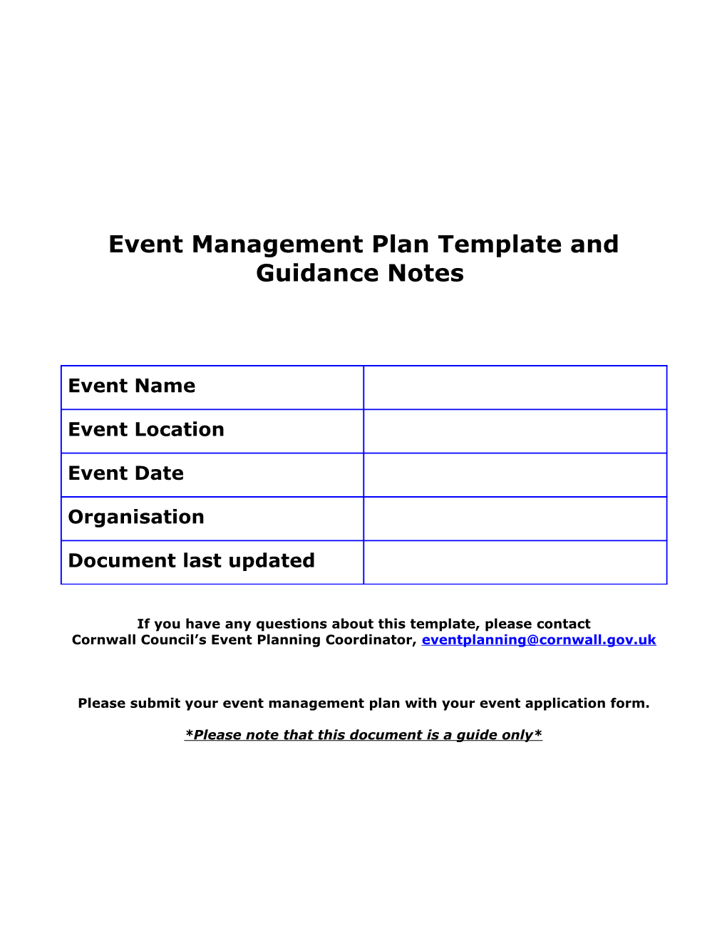 Event Management Plan Template and Guidance Notes
