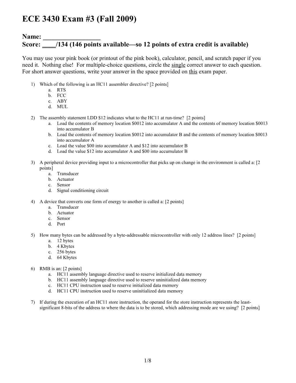 Score: ____/134 (146 Points Available So 12 Points of Extra Credit Is Available)