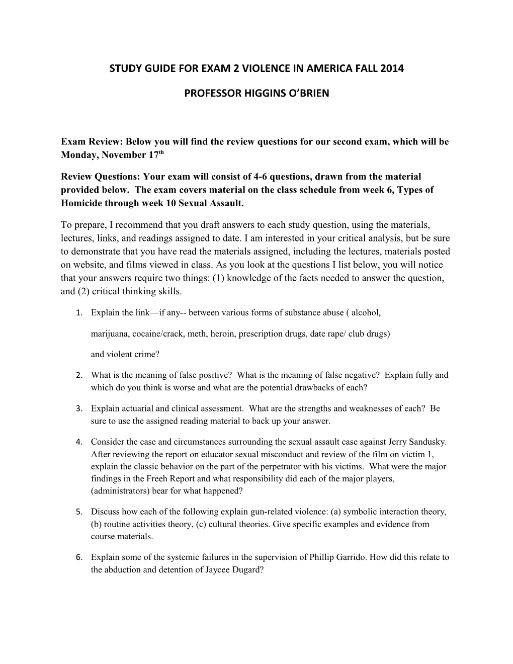 Study Guide for Exam 2 Violence in America Fall 2014