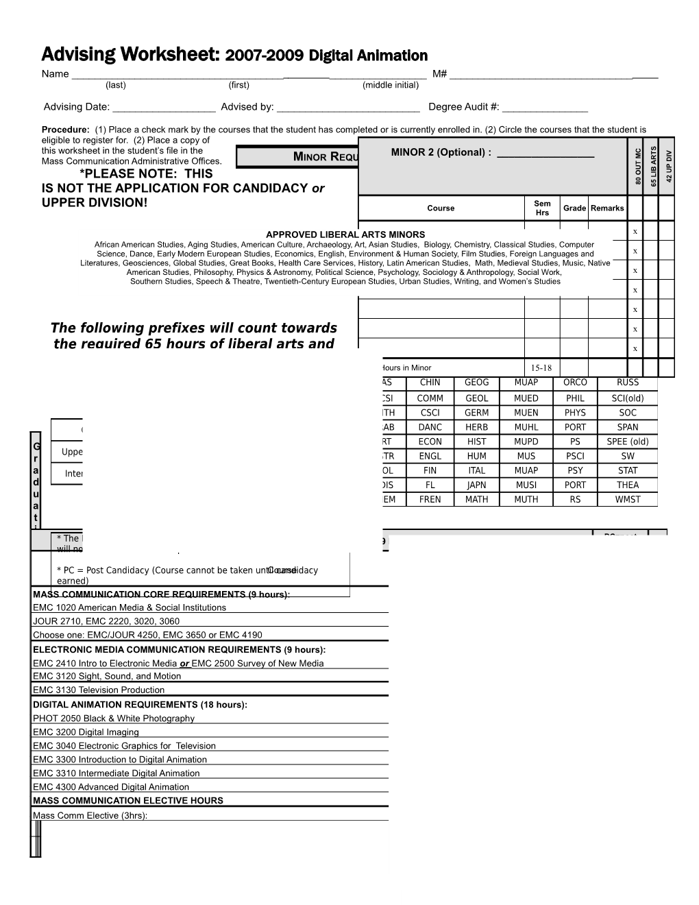 Advising Worksheet: 2007-2009 Digital Animation