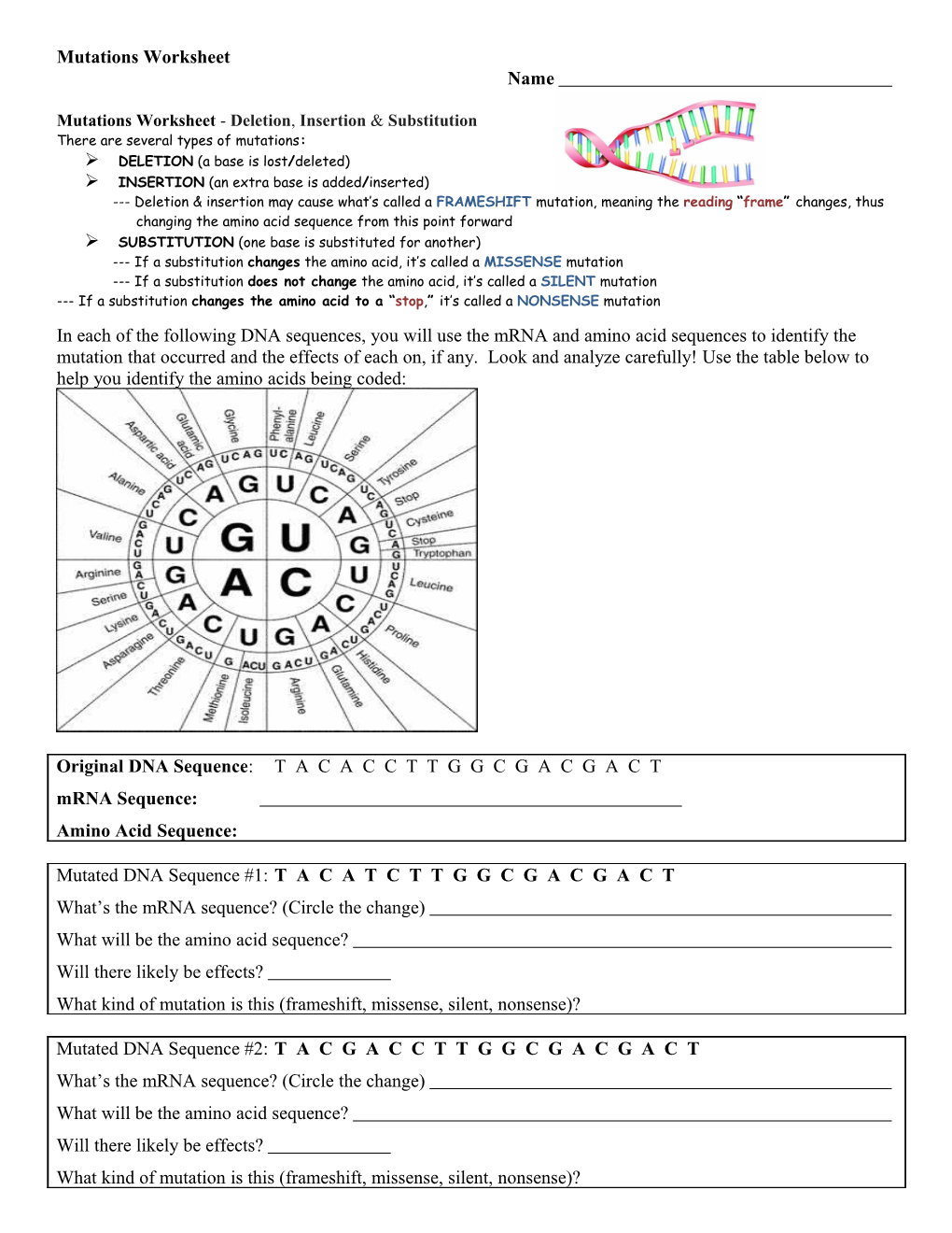 Mutations Worksheet