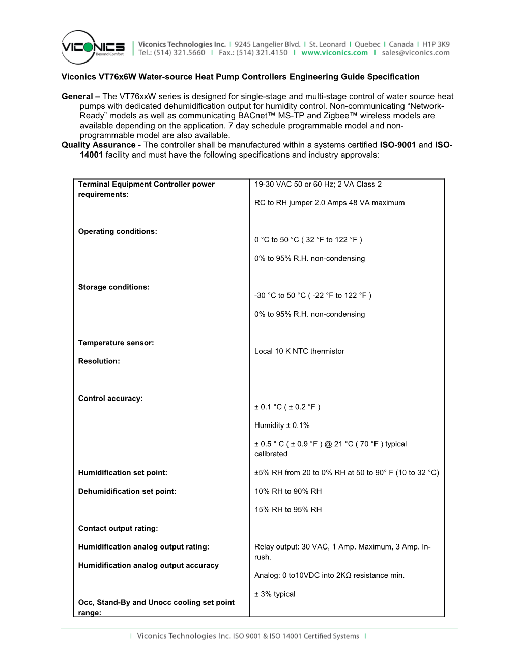 Viconics Vt76x6w Water-Source Heat Pump Controllers Engineering Guide Specification