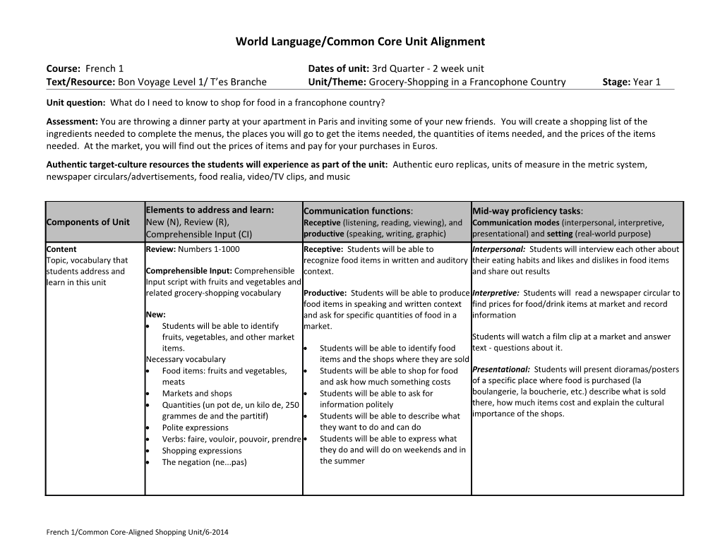 World Language/Common Core Unit Alignment