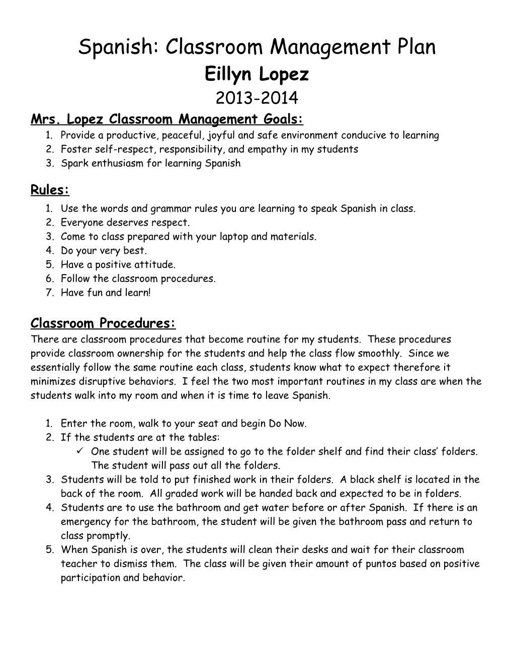 Spanish Classroom Management Plan