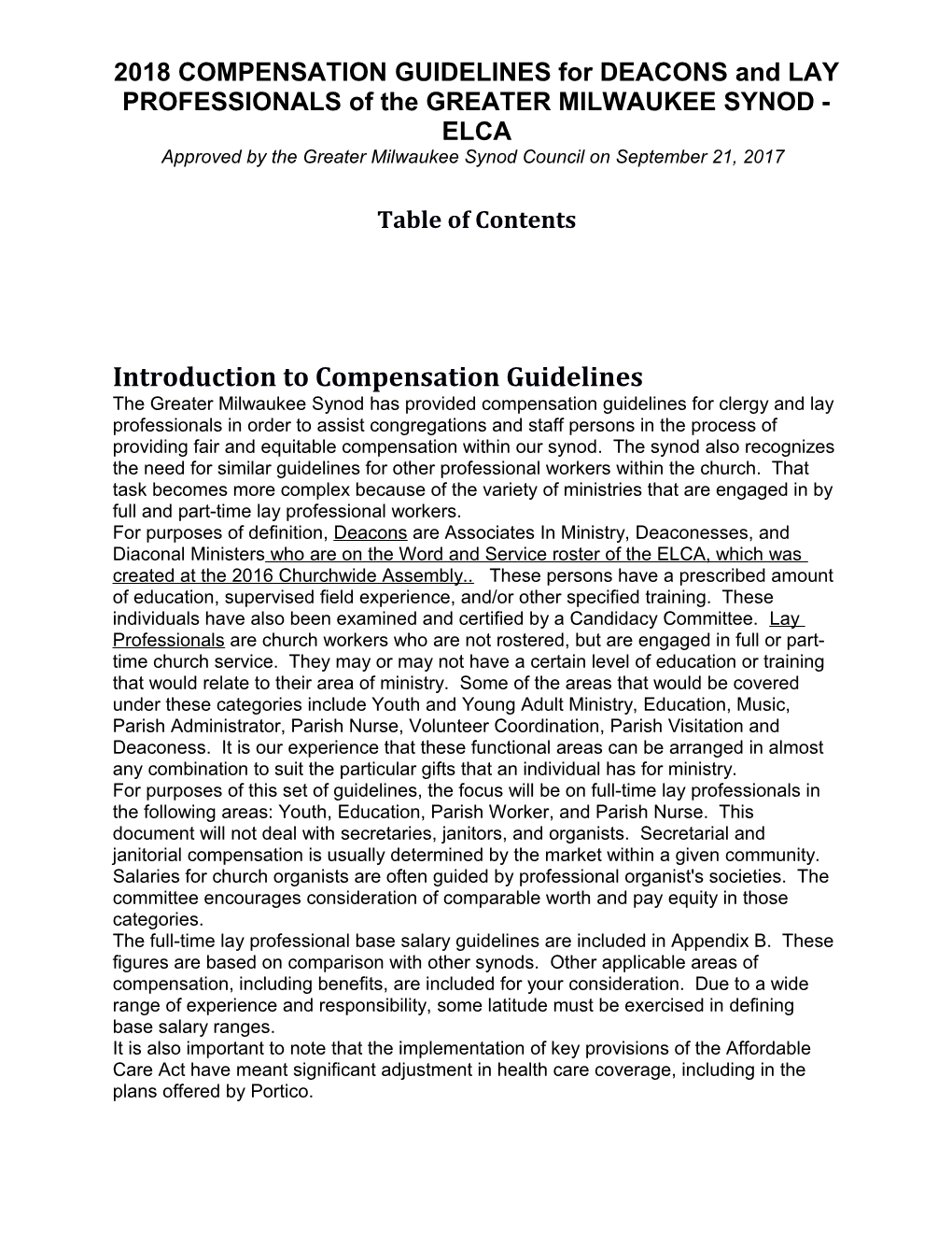 2018 COMPENSATION GUIDELINES for DEACONS and LAY PROFESSIONALS of the GREATER MILWAUKEE