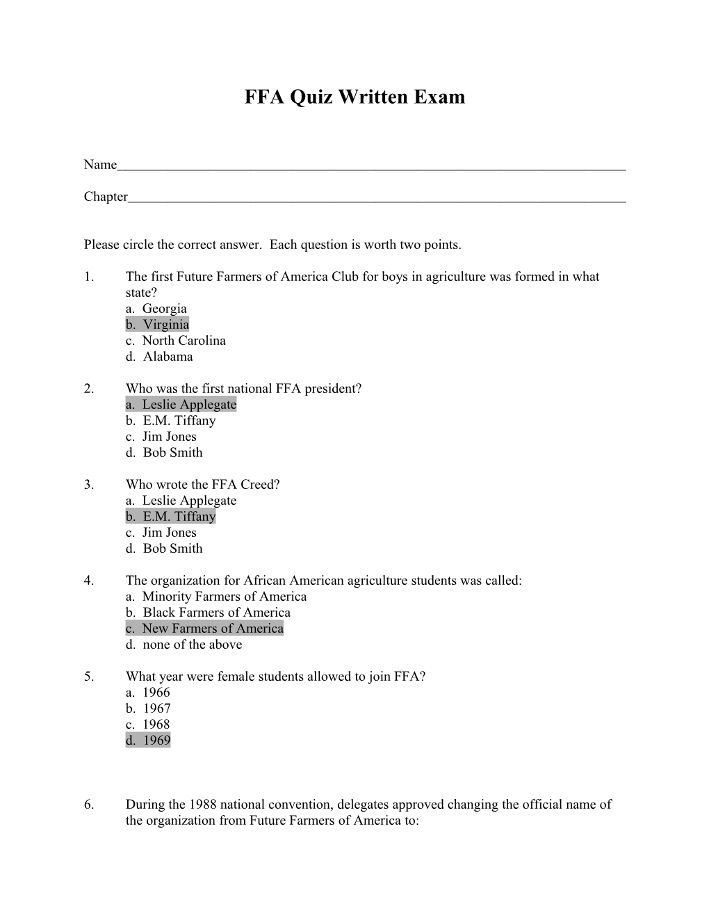 Area IV FFA Quiz Written Exam