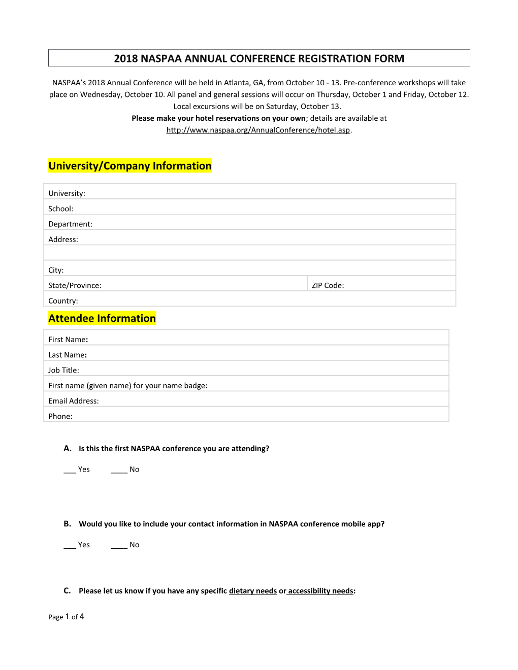 2018 Naspaa Annual Conference Registration Form