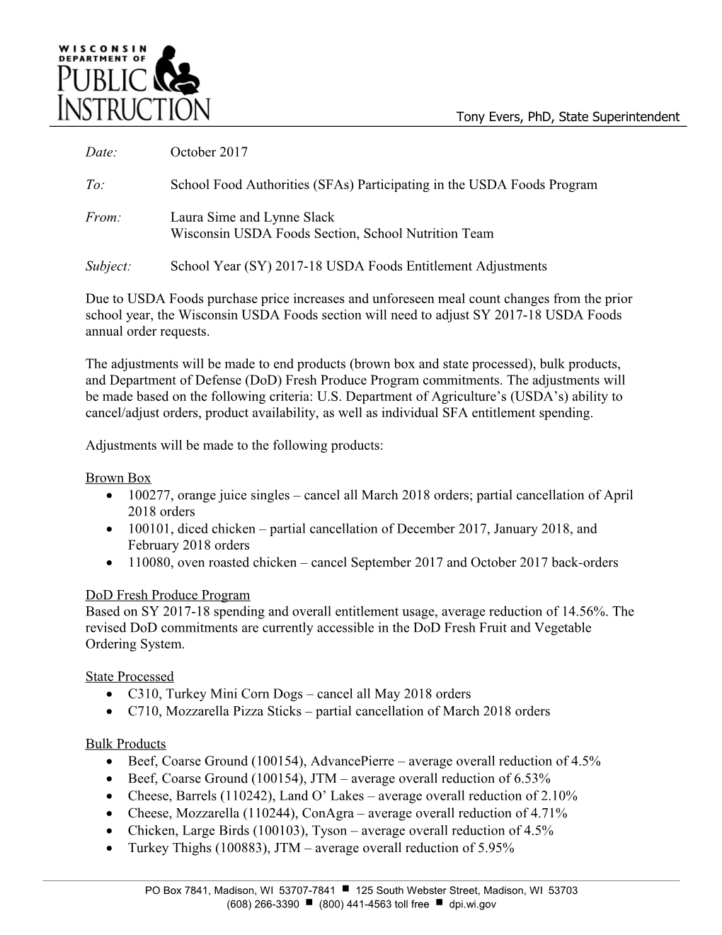 SY 2017-18 Adjustment to Orders ADP Update