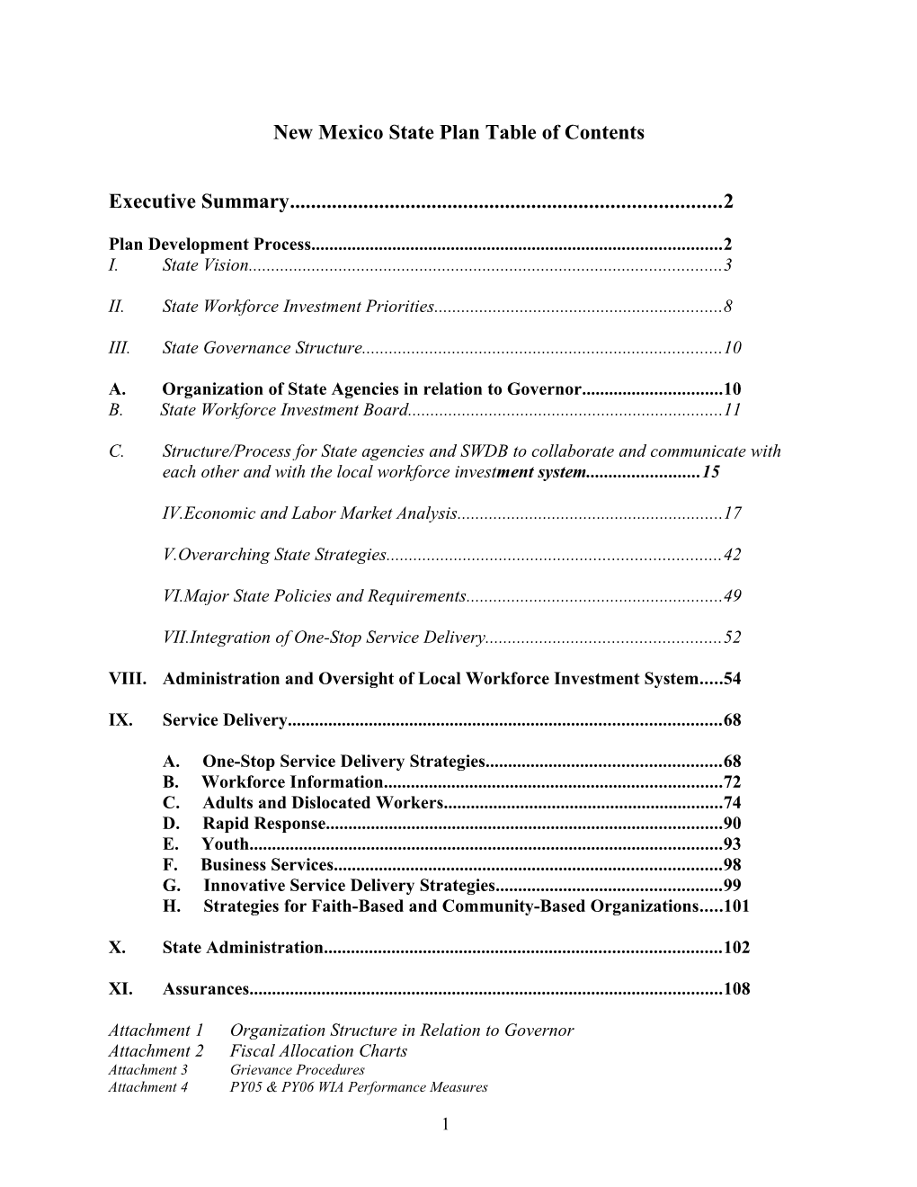 New Mexico State Plan Table of Contents