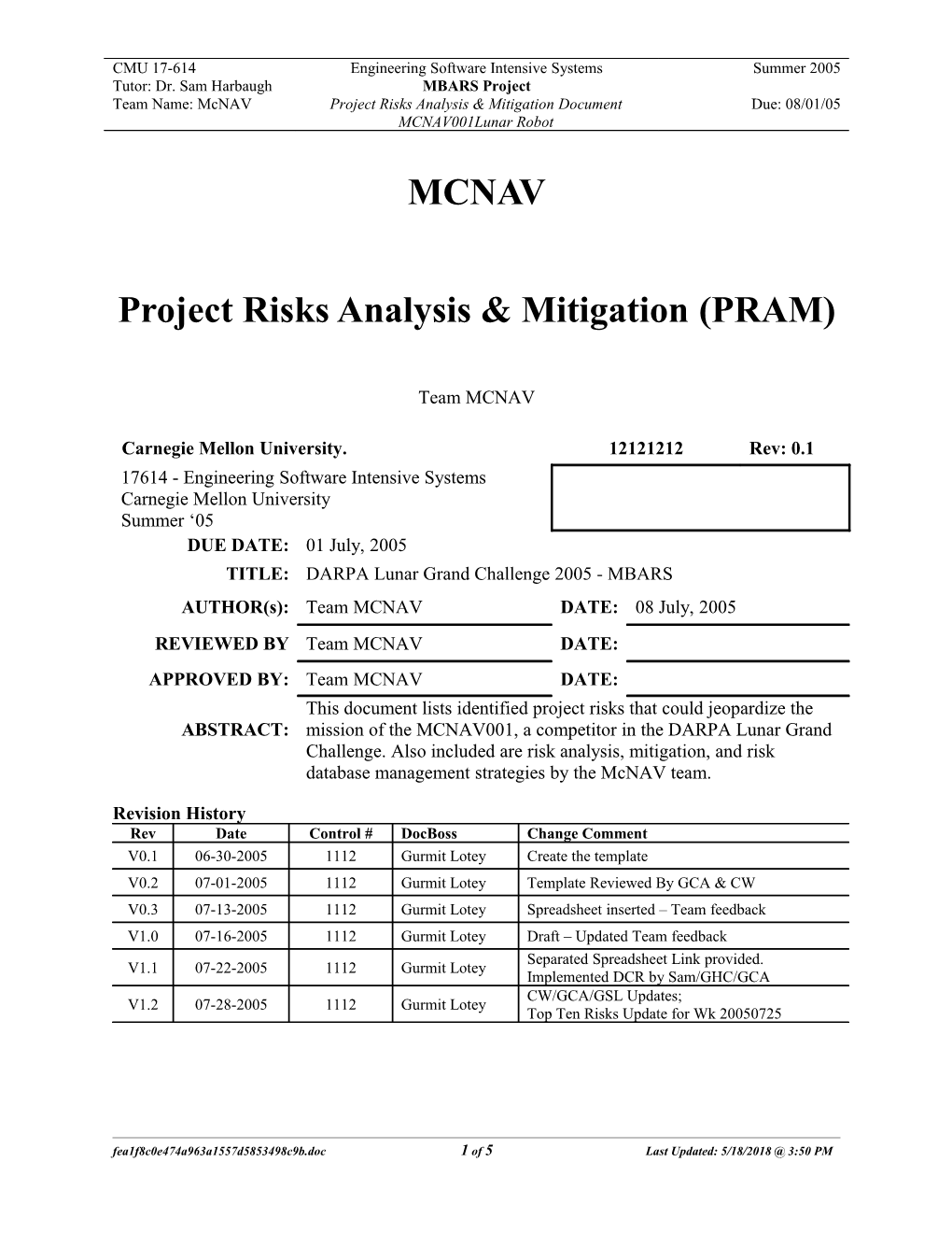 Mcnav Project Risks, Analysis & Mittigation (PRAM) Paper
