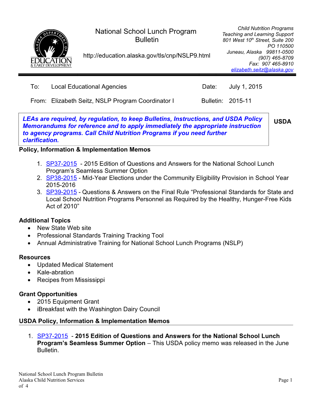 USDA Policy, Information & Implementation Memos