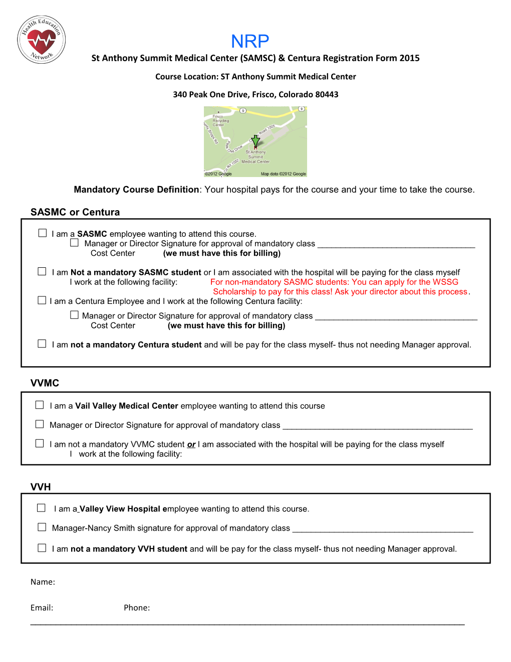 St Anthony Summit Medical Center (SAMSC) & Centura Registration Form 2015