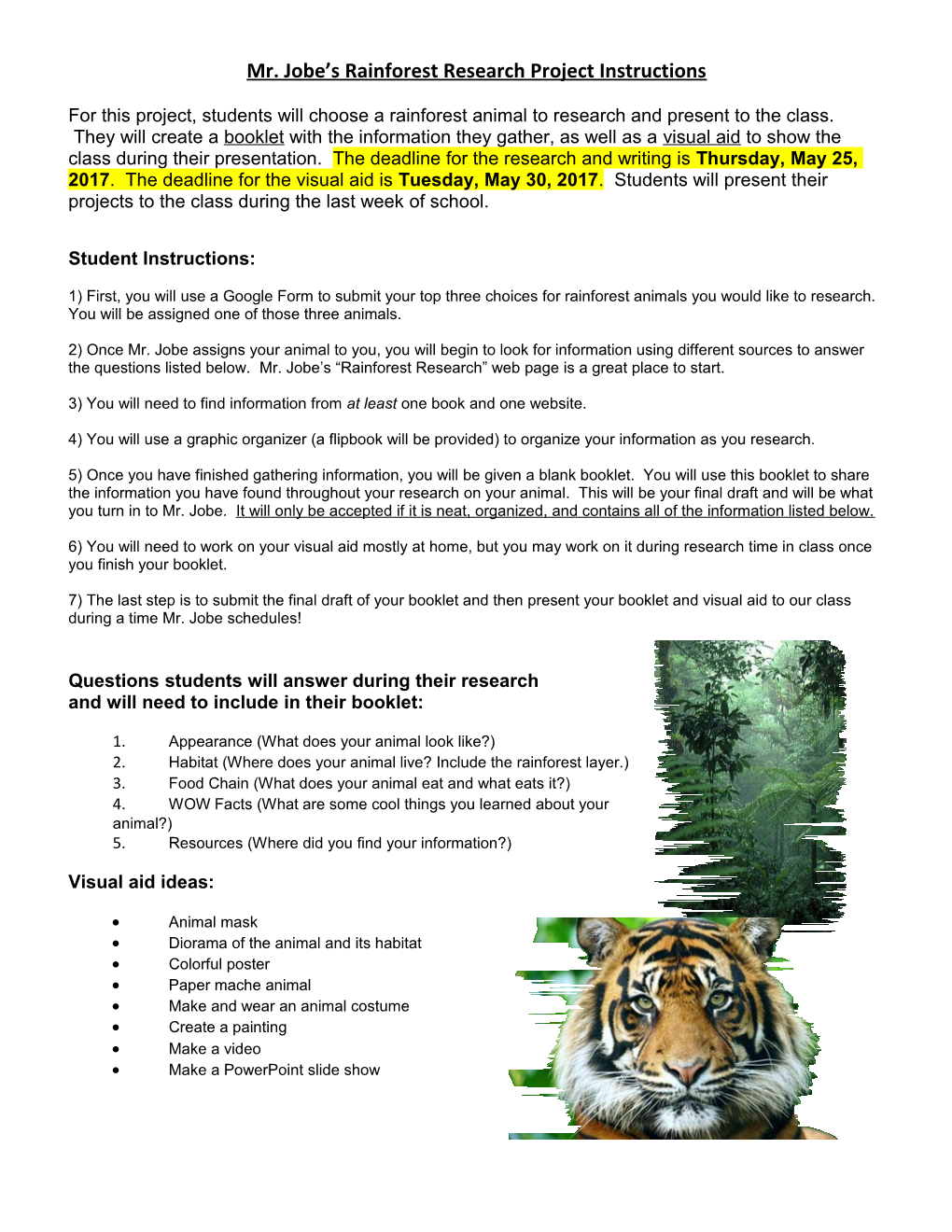 Mr. Jobe S Rainforest Research Project Instructions