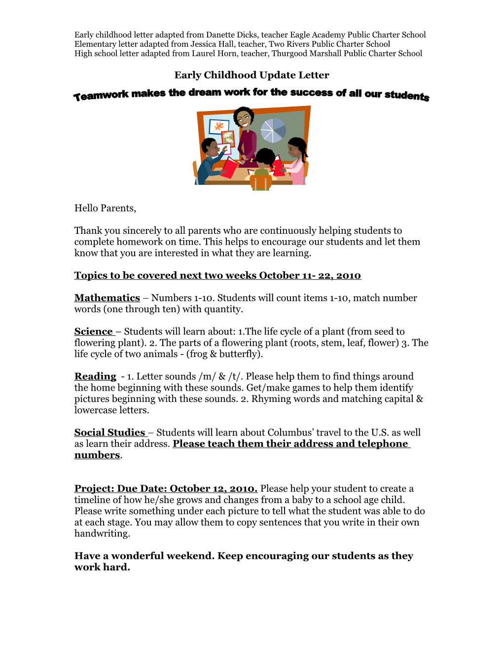 Early Childhood Letter Adapted from Danette Dicks, Teacher Eagle Academy Public Charter School
