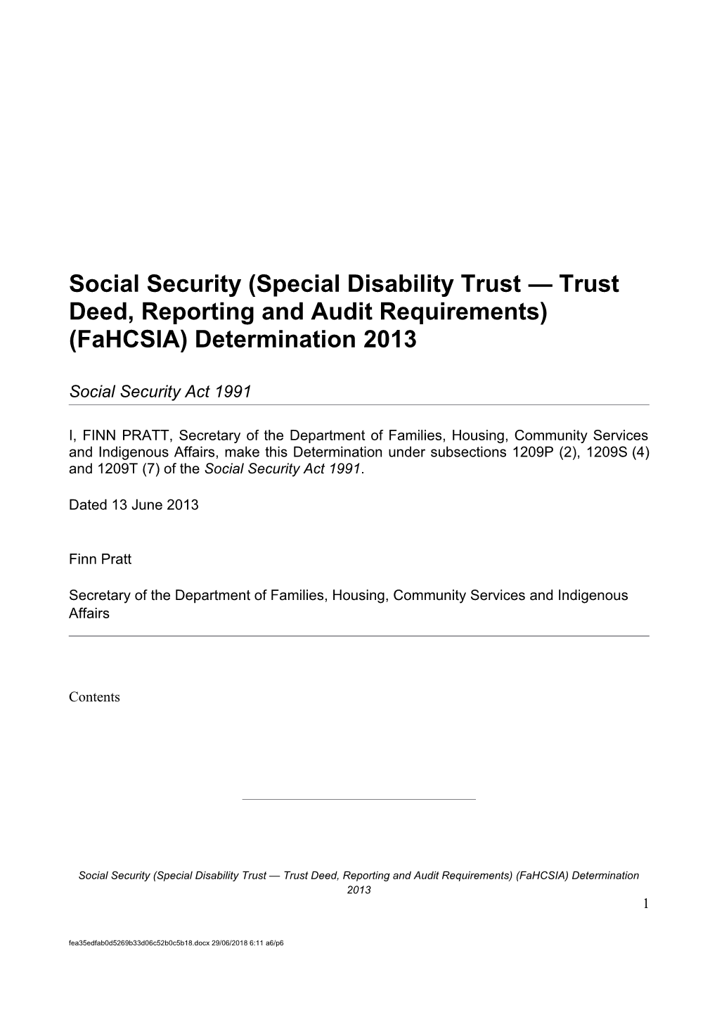 Social Security (Special Disability Trust - Deed, Reporting and Audit Requirements)