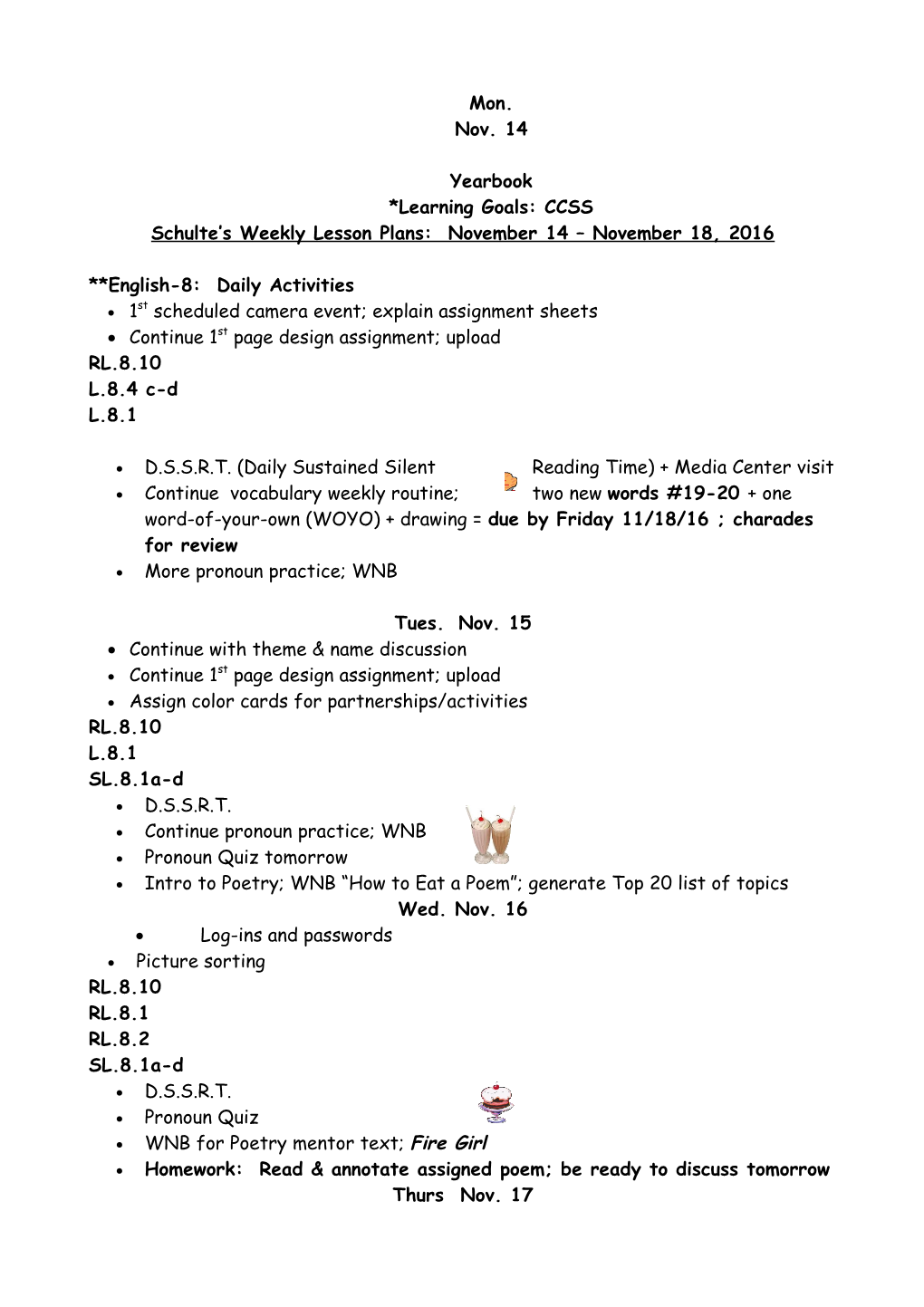 Schulte S Weekly Lesson Plans: November 14 November 18, 2016