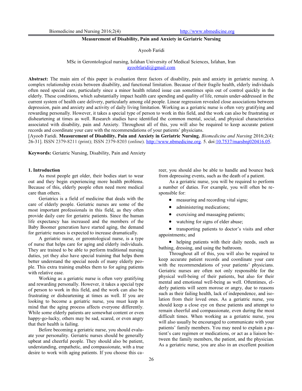 Measurement of Disability, Pain and Anxiety in Geriatric Nursing