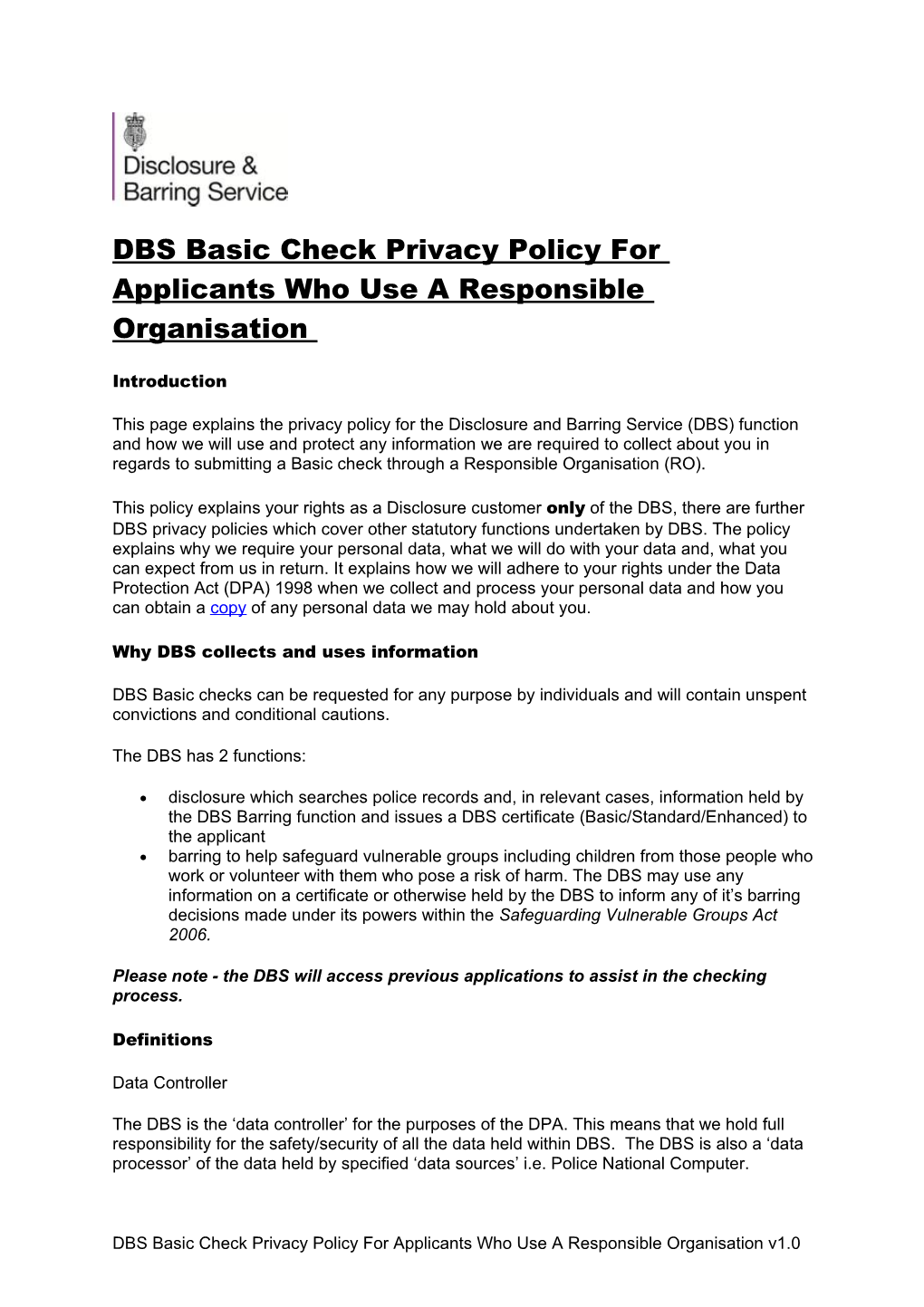 DBS Basic Check Privacy Policy for Applicants Who Use a Responsible Organisation