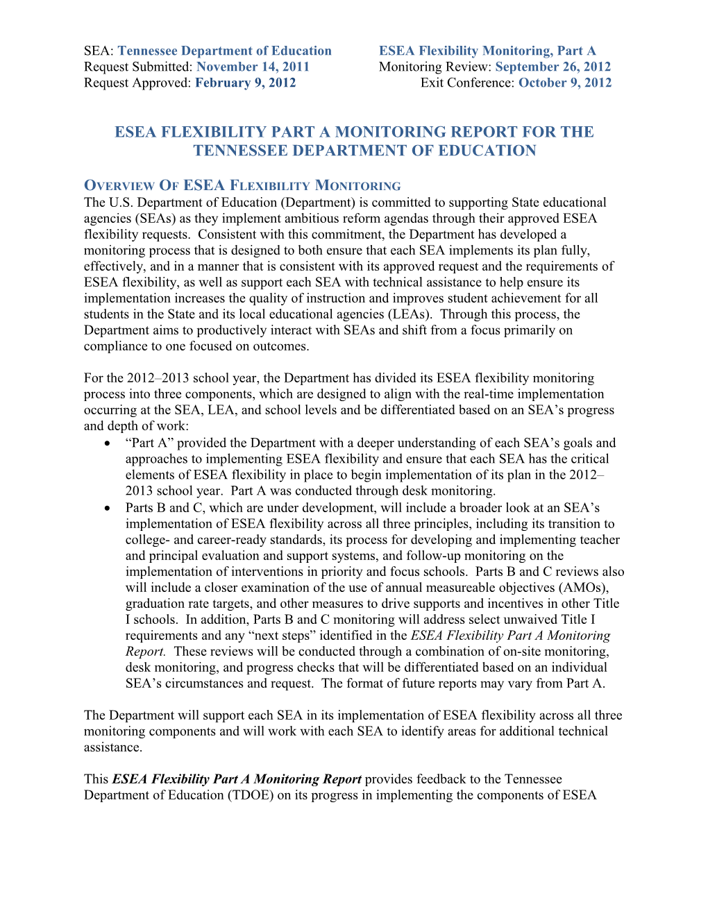Tennessee ESEA Flexibility Part a Monitoring Report