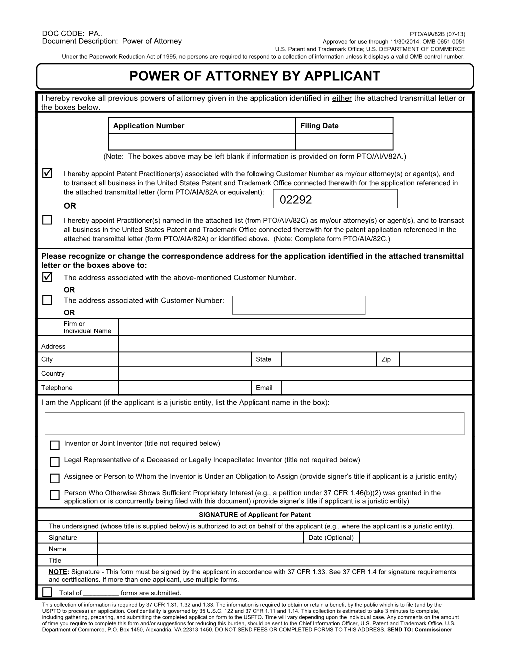 If You Need Assistance in Completing the Form, Call 1-800-PTO-9199 and Select Option 2