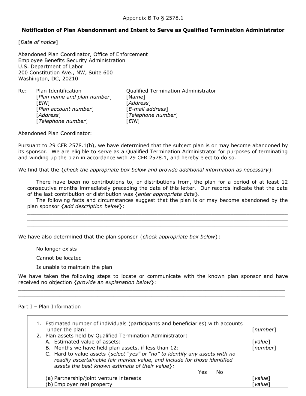 Notification of Plan Abandonment and Intent to Serve As Qualified Termination Administrator