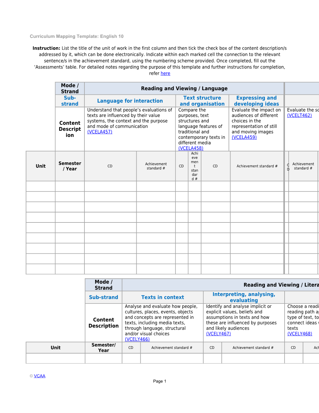 Curriculum Mapping Template: English 10
