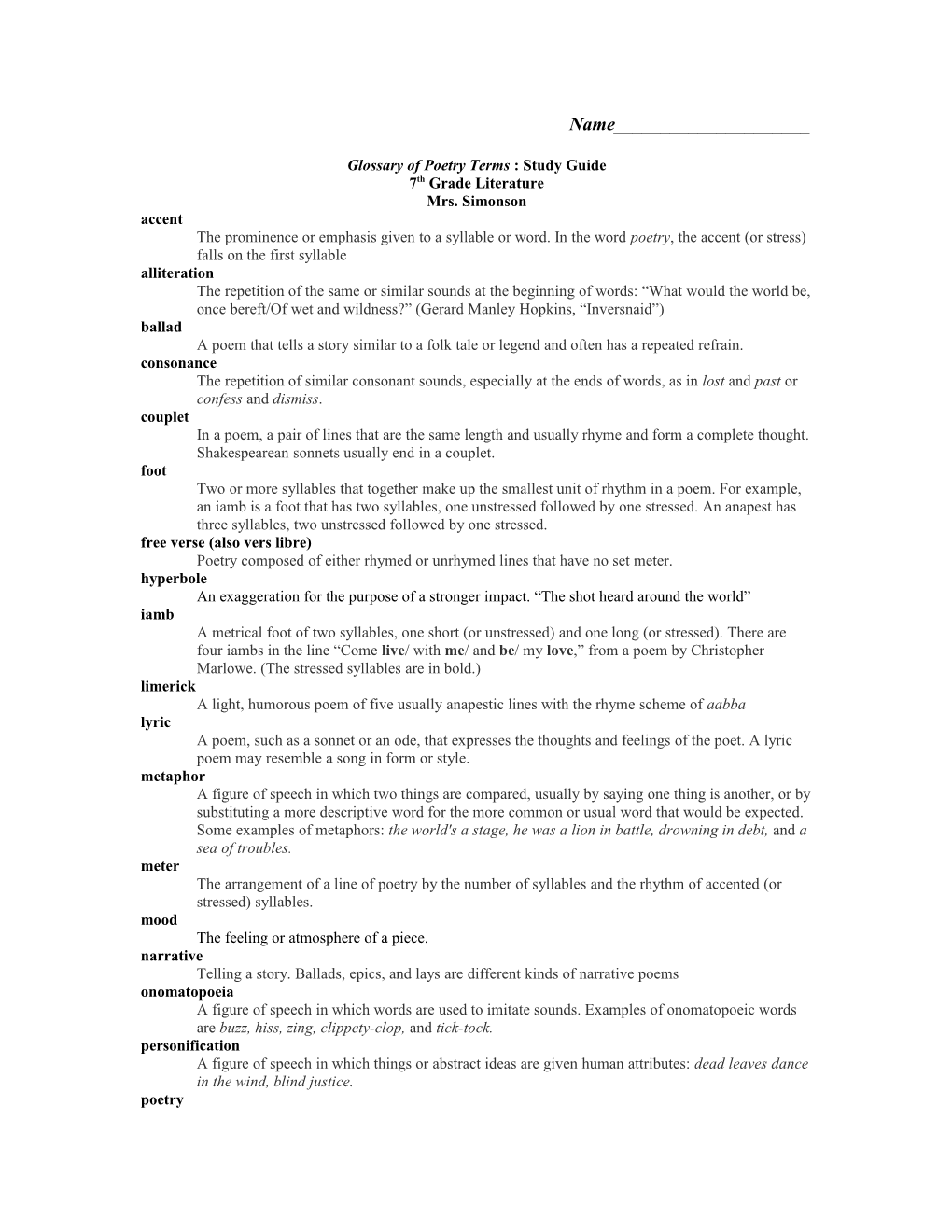 Glossary of Poetry Terms : Study Guide