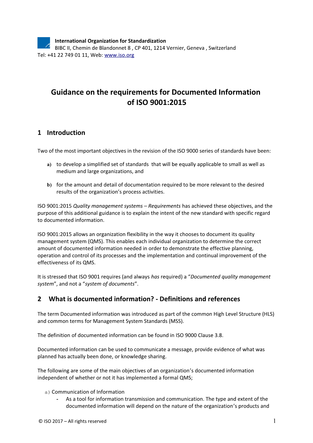 Guidance on the Requirements for Documented Information of ISO 9001:2015