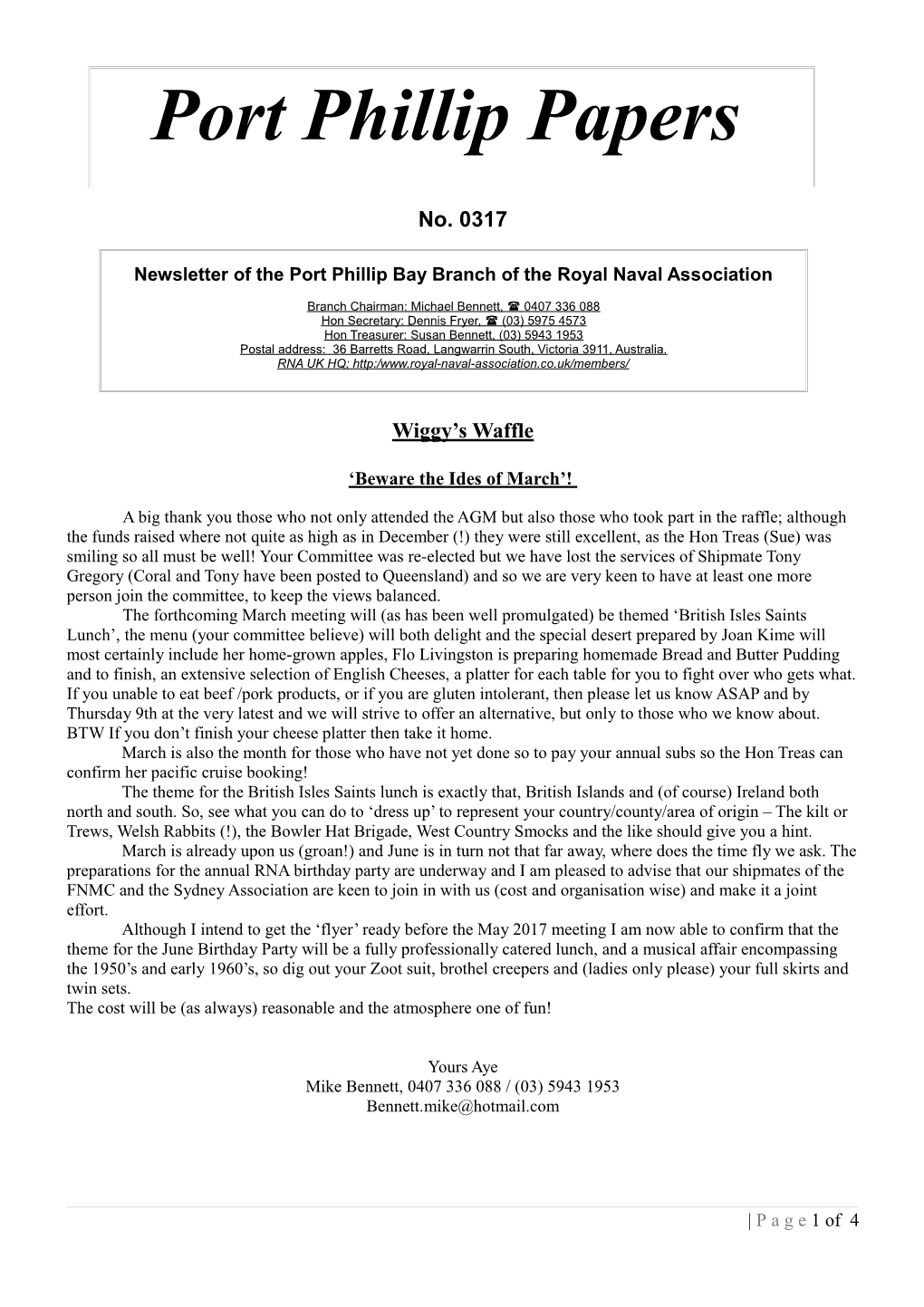 Newsletter of the Port Phillip Bay Branch of the Royal Naval Association